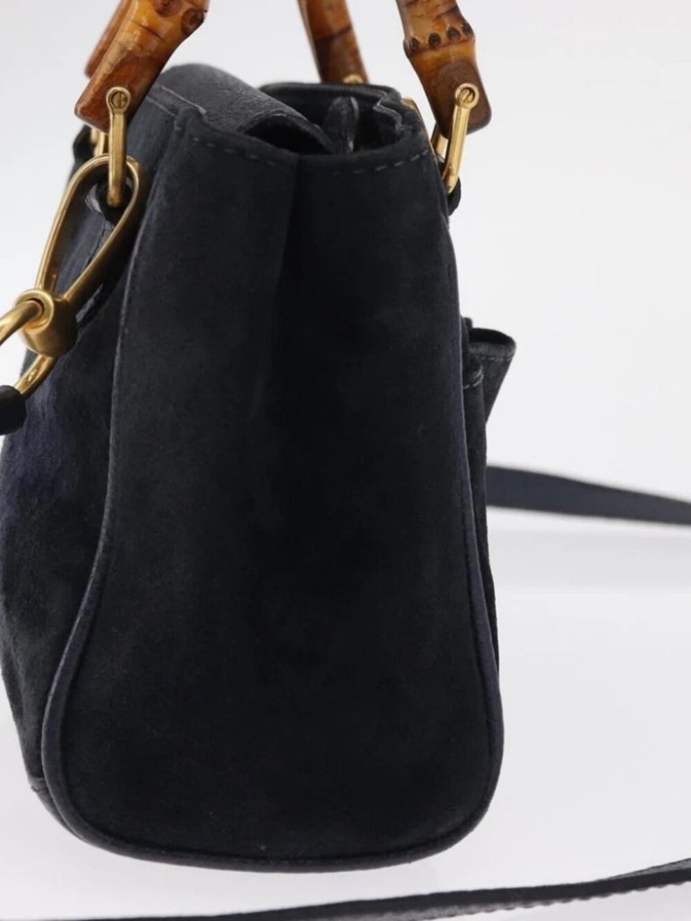 GUCCI Bamboo Hand Bag Suede 2way Navy Gold - Picture 4 of 15